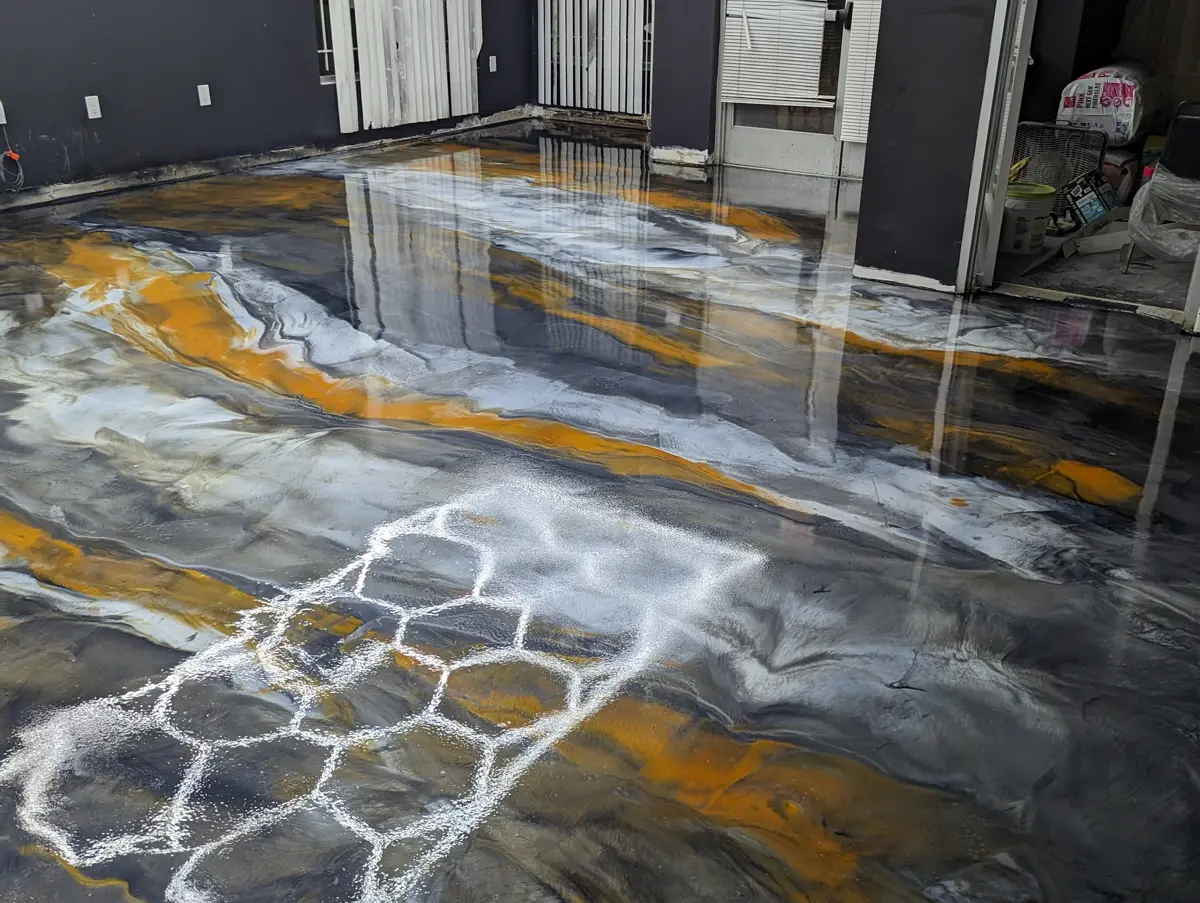 Finished metallic epoxy floor in a commercial interior