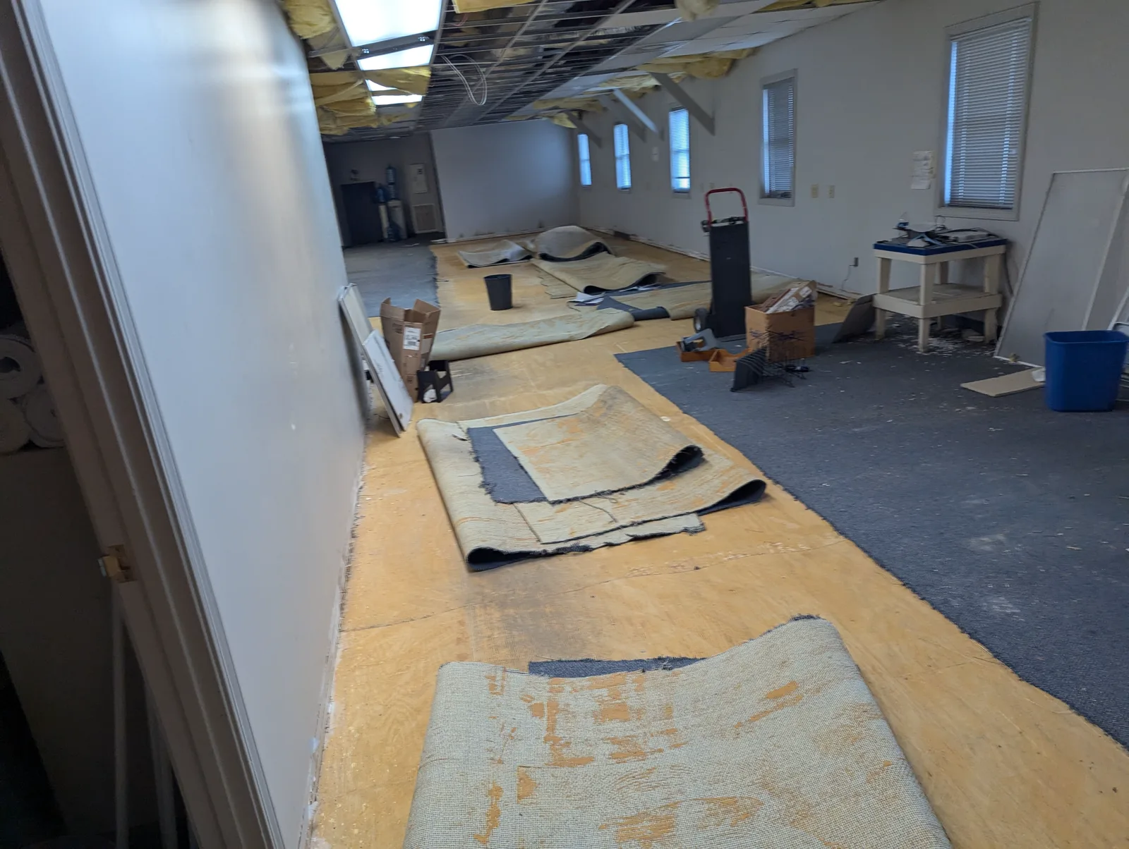 Old flooring being removed from a commercial space before concrete preparation